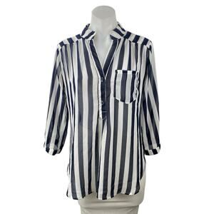 Xtaren Women's Blue White Striped 3/4 Sleeve Pocket Blouse Shirt Tunic Top Sz M